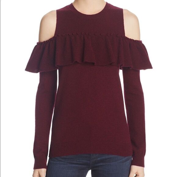 Aqua Womens Cashmere Burgundy Cold Shoulder Ruffle Sweater Size Small Knit - Picture 1 of 10